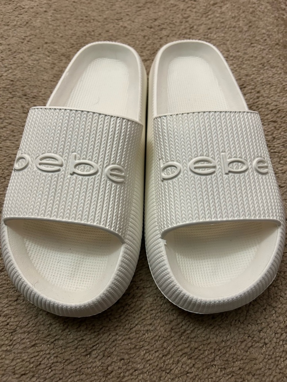 bebe White Logo Textured Slide Sandals
